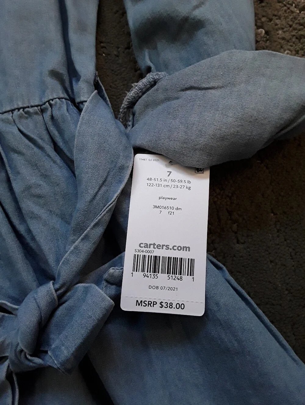 Carters Size 7 Blue Chambray (Soft Denim) Shirt Dress with Waist tie